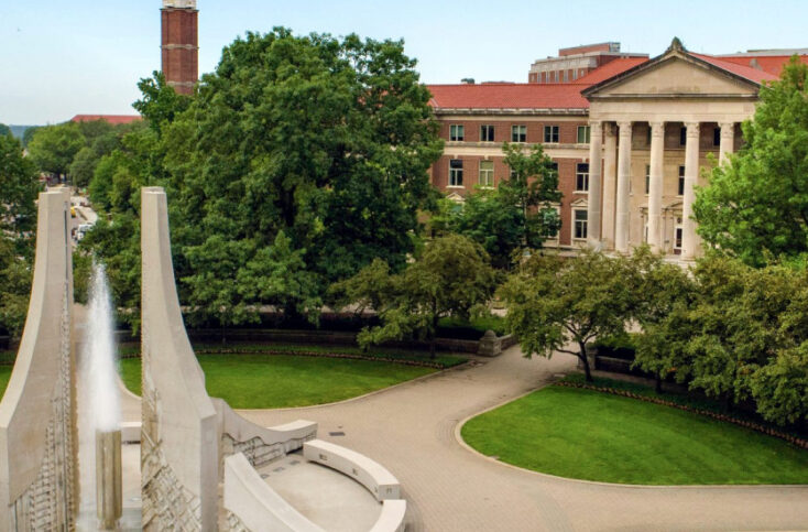 Purdue Engineering Fountain with Hovde Hall in background at Purdue University campus